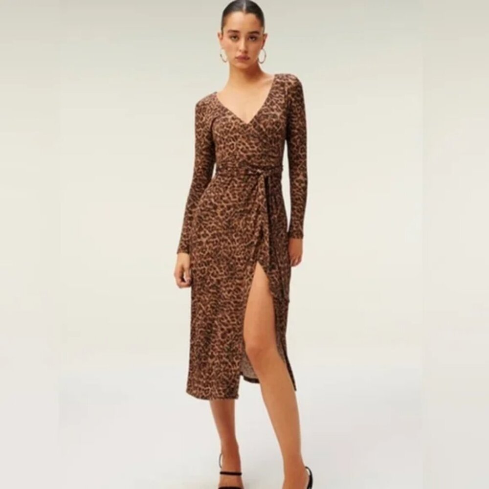 GOOD AMERICAN Day Night Wrap Midi Dress in Leopard Print Size Small New NWT